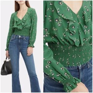 INTERMIX Green Ruffle Silk Freda Printed Top | Petite Small